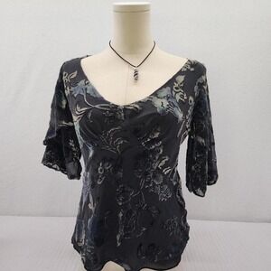 Nine West black velvet burnout‎ floral blouse with sheer sleeves sz medium